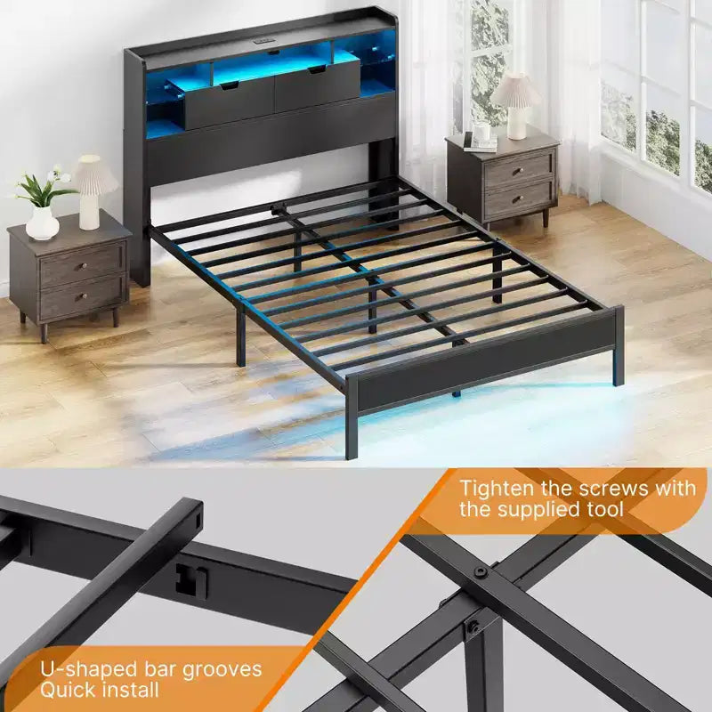 Estructura de Cama con Cabecero, Estructura de Cama con Estación de Carga Integrada y Luz LED, Estante de Almacenamiento, Negro