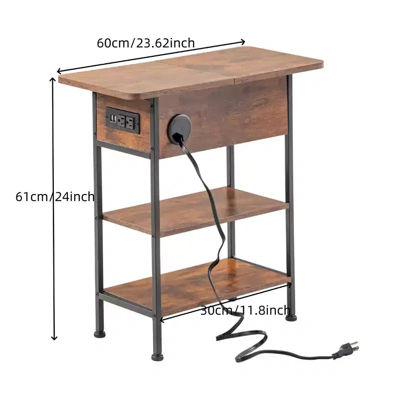 Mesita de noche con estación de carga, puertos USB y enchufes, mesa auxiliar de 3 niveles con estantes de almacenamiento y gabinete para sala de estar, dormitorio