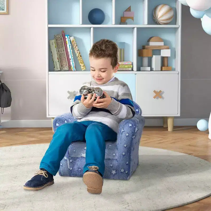 Sofá para niños y bebés con estrellas que brillan en la oscuridad – Sofá infantil tapizado, 18-36 meses, azul