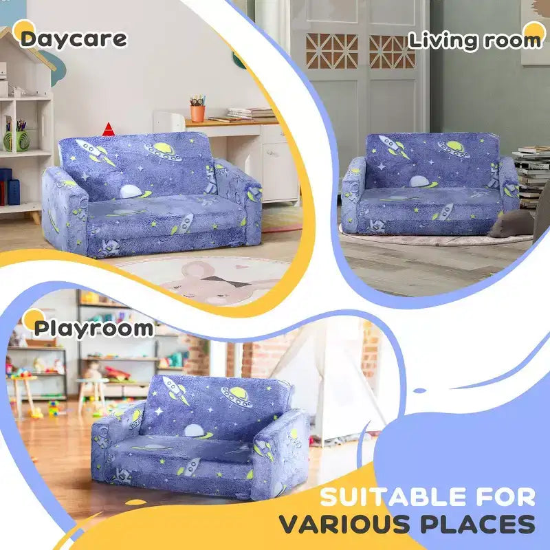 Sofá para niños y bebés con estrellas que brillan en la oscuridad – Sofá infantil tapizado, 18-36 meses, azul