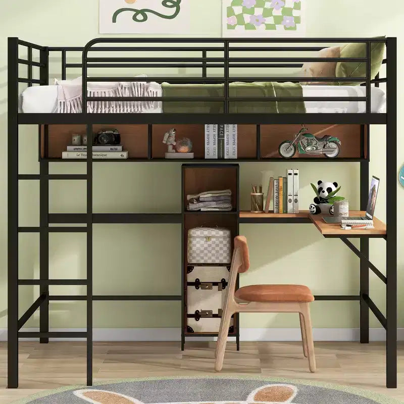 Bellemave Full Size Metal & Wood Loft Bed with L -shaped desk and shelves, Black and Brown
