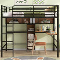 Bellemave Full Size Metal & Wood Loft Bed with L -shaped desk and shelves, Black and Brown