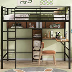 Bellemave Full Size Metal & Wood Loft Bed with L -shaped desk and shelves, Black and Brown