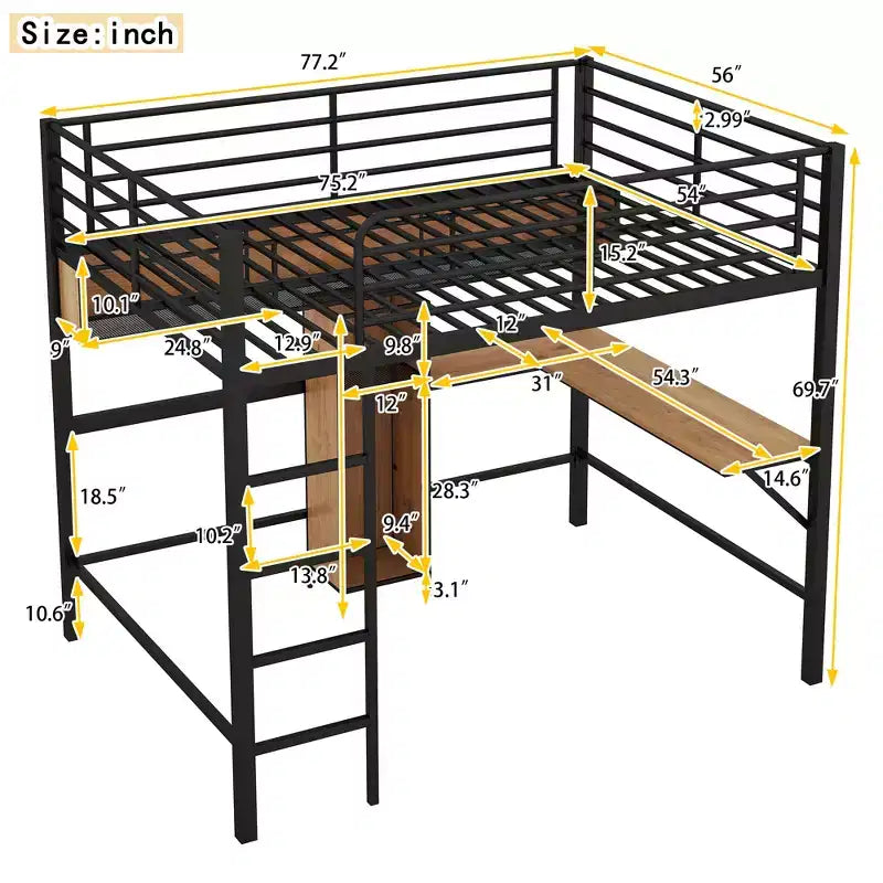 Cama alta de metal y madera con escritorio en forma de L y estantes – Negro y marrón