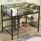Cama alta de metal y madera con escritorio en forma de L y estantes – Negro y marrón