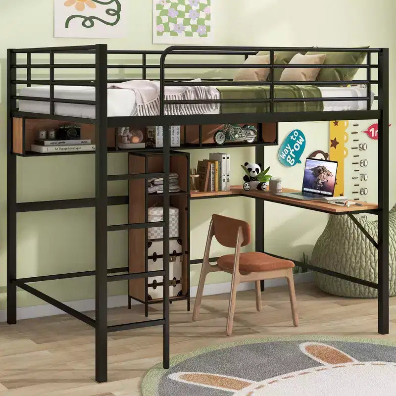 Cama alta de metal y madera con escritorio en forma de L y estantes – Negro y marrón
