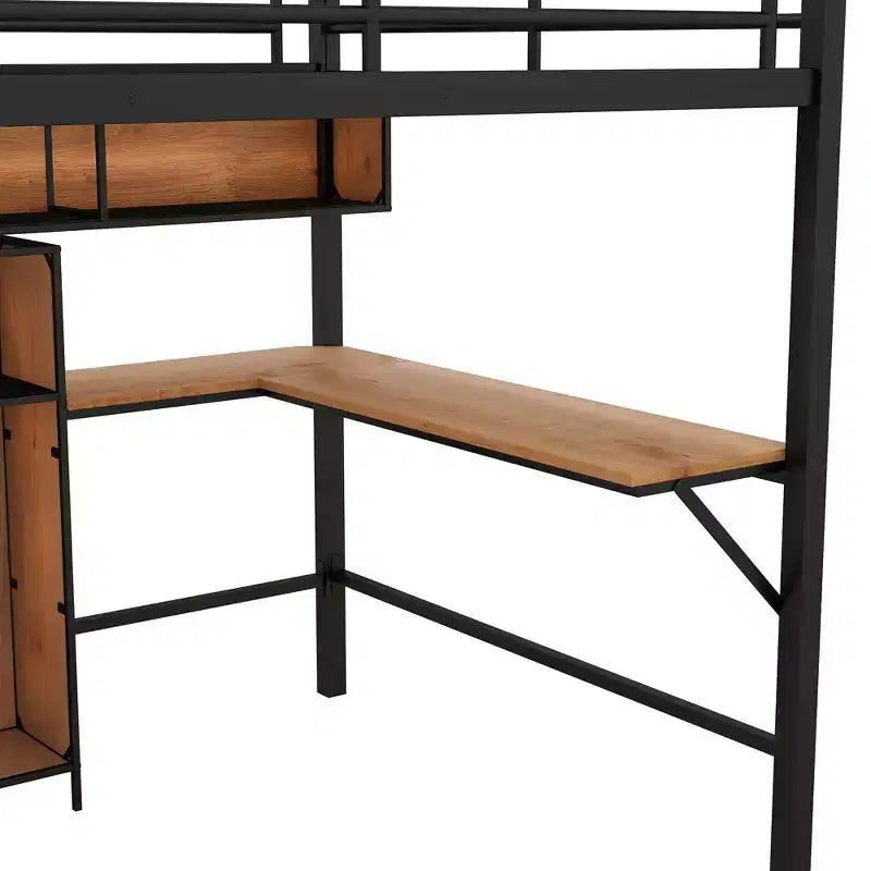 Cama alta de metal y madera con escritorio en forma de L y estantes – Negro y marrón