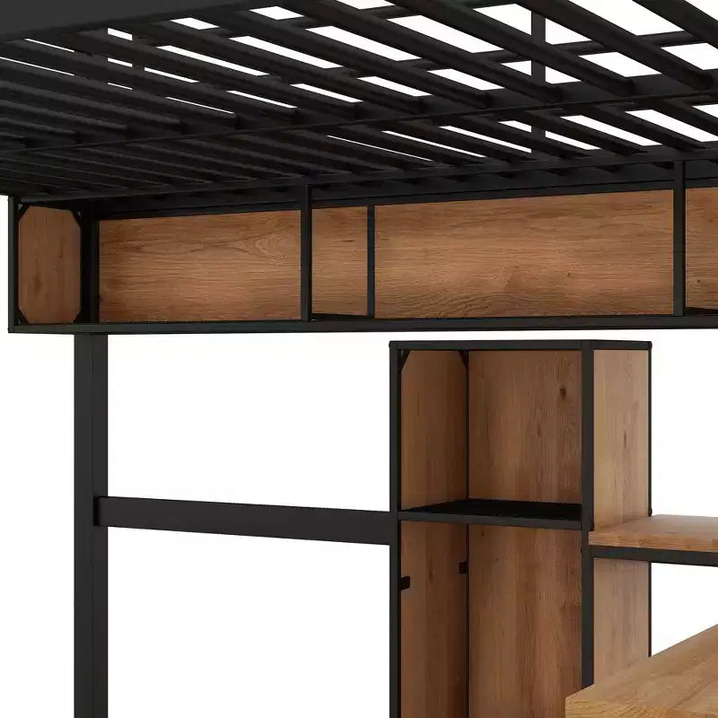 Cama alta de metal y madera con escritorio en forma de L y estantes – Negro y marrón