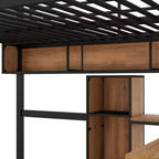 Cama alta de metal y madera con escritorio en forma de L y estantes – Negro y marrón