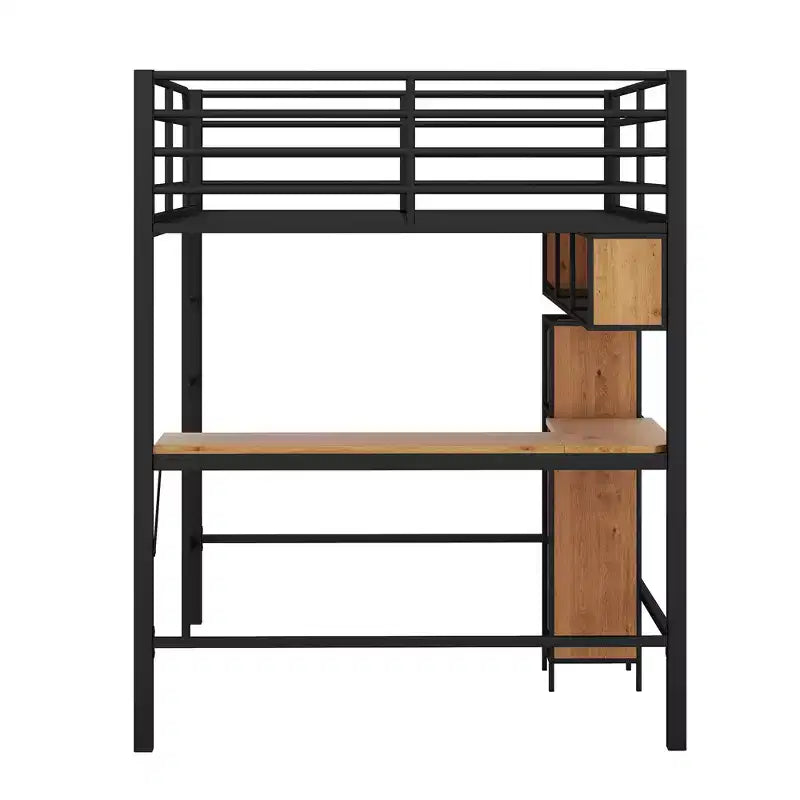 Cama alta de metal y madera con escritorio en forma de L y estantes – Negro y marrón