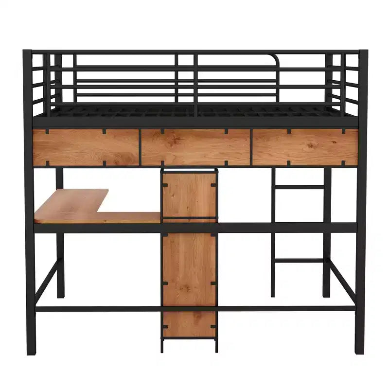 Cama alta de metal y madera con escritorio en forma de L y estantes – Negro y marrón