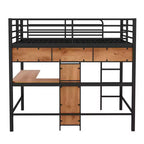 Cama alta de metal y madera con escritorio en forma de L y estantes – Negro y marrón