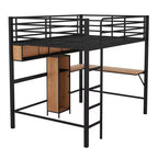 Cama alta de metal y madera con escritorio en forma de L y estantes – Negro y marrón