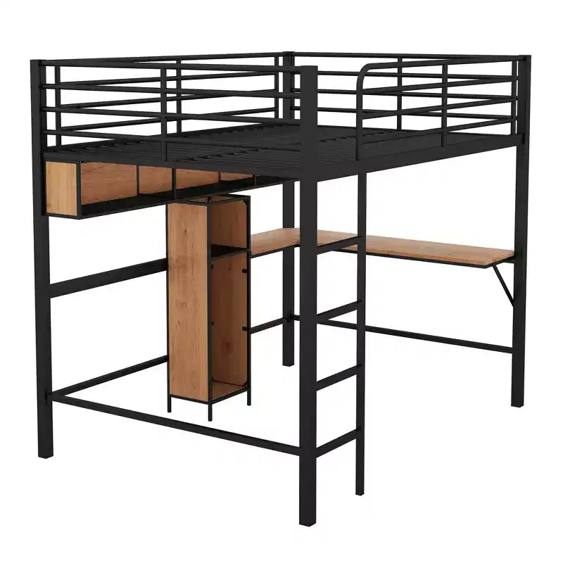 Cama alta de metal y madera con escritorio en forma de L y estantes – Negro y marrón