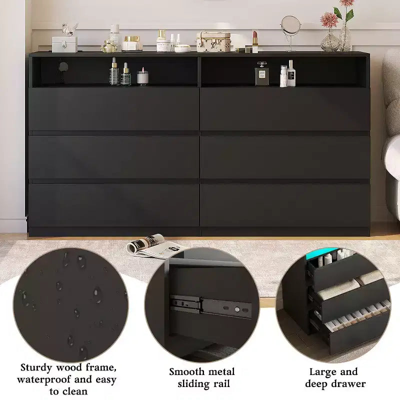 Tocador moderno de 6 cajones con tomas de corriente y luces LED, mueble de almacenamiento ancho con estantes abiertos, dormitorio, sala de estar