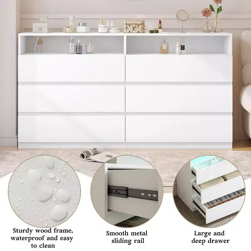 Tocador moderno de 6 cajones con tomas de corriente y luces LED, mueble de almacenamiento ancho con estantes abiertos, dormitorio, sala de estar
