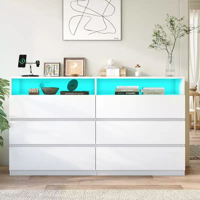Tocador moderno de 6 cajones con tomas de corriente y luces LED, mueble de almacenamiento ancho con estantes abiertos, dormitorio, sala de estar