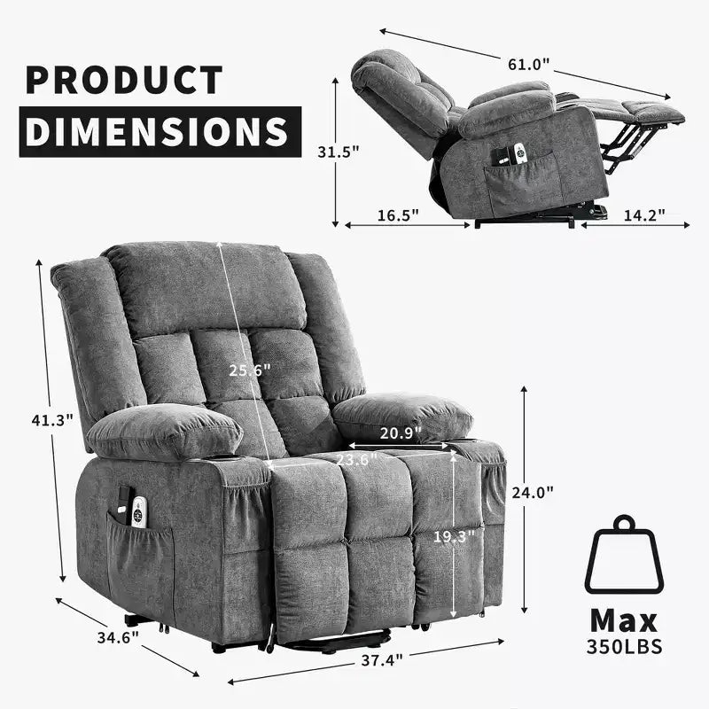 Sillón Reclinable de Masaje y Calor con Elevador Eléctrico, Tamaño Extragrande, 23.6, Sofá Individual Extragrande con Elevador Eléctrico para Ponerse de Pie, Carga Máxima 350 lb