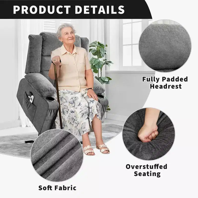 Sillón Reclinable de Masaje y Calor con Elevador Eléctrico, Tamaño Extragrande, 23.6, Sofá Individual Extragrande con Elevador Eléctrico para Ponerse de Pie, Carga Máxima 350 lb
