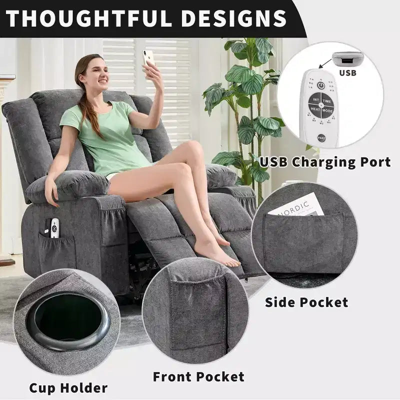 Sillón Reclinable de Masaje y Calor con Elevador Eléctrico, Tamaño Extragrande, 23.6, Sofá Individual Extragrande con Elevador Eléctrico para Ponerse de Pie, Carga Máxima 350 lb