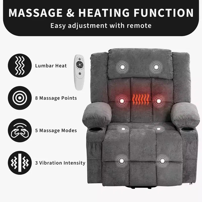 Sillón Reclinable de Masaje y Calor con Elevador Eléctrico, Tamaño Extragrande, 23.6, Sofá Individual Extragrande con Elevador Eléctrico para Ponerse de Pie, Carga Máxima 350 lb