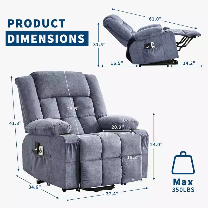 Sillón Reclinable de Masaje y Calor con Elevador Eléctrico, Tamaño Extragrande, 23.6, Sofá Individual Extragrande con Elevador Eléctrico para Ponerse de Pie, Carga Máxima 350 lb