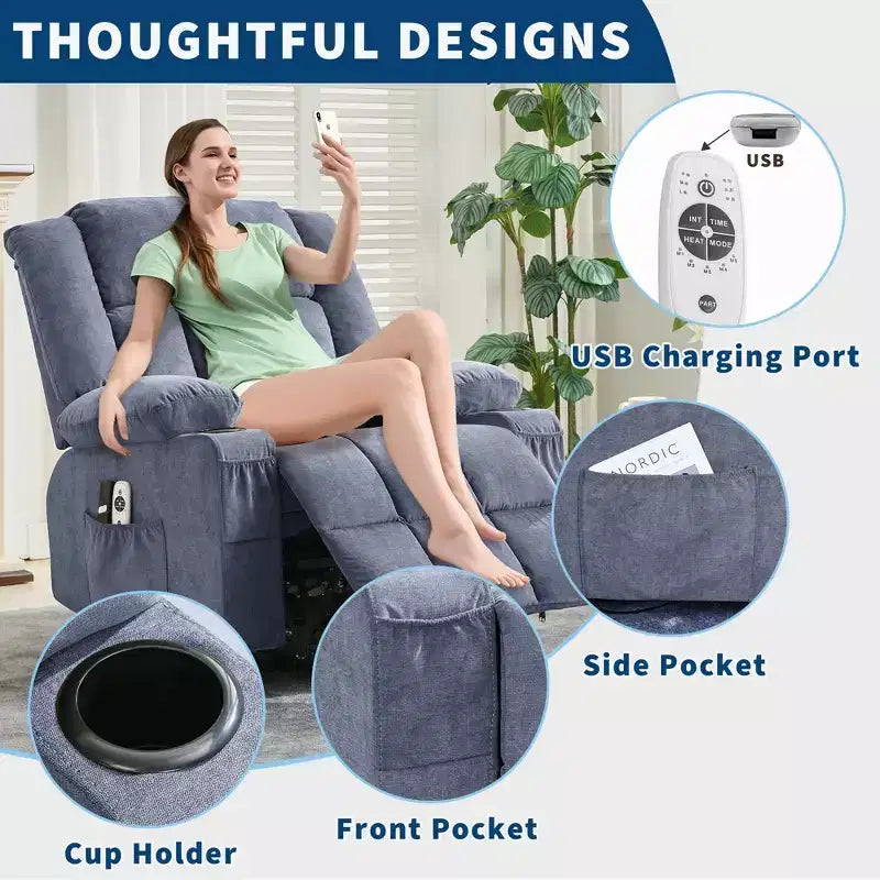 Sillón Reclinable de Masaje y Calor con Elevador Eléctrico, Tamaño Extragrande, 23.6, Sofá Individual Extragrande con Elevador Eléctrico para Ponerse de Pie, Carga Máxima 350 lb
