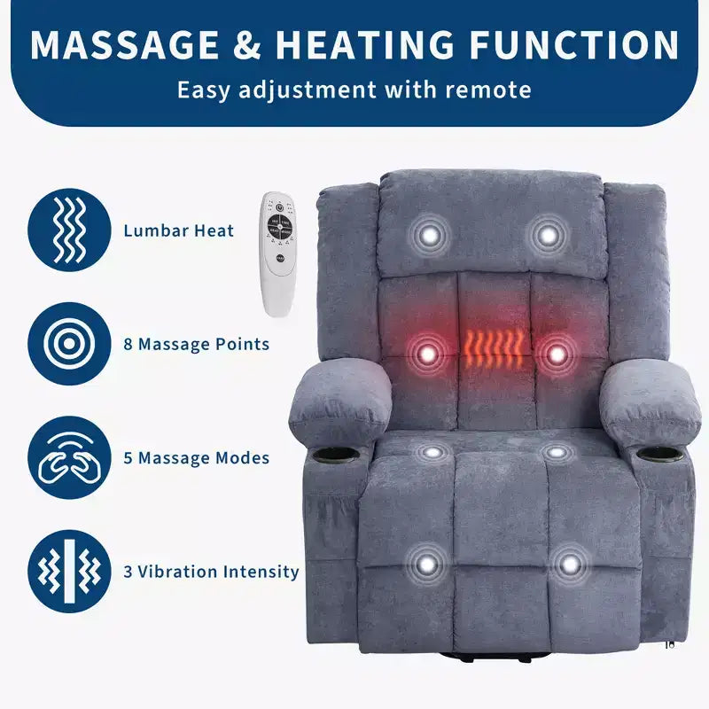 Sillón Reclinable de Masaje y Calor con Elevador Eléctrico, Tamaño Extragrande, 23.6, Sofá Individual Extragrande con Elevador Eléctrico para Ponerse de Pie, Carga Máxima 350 lb