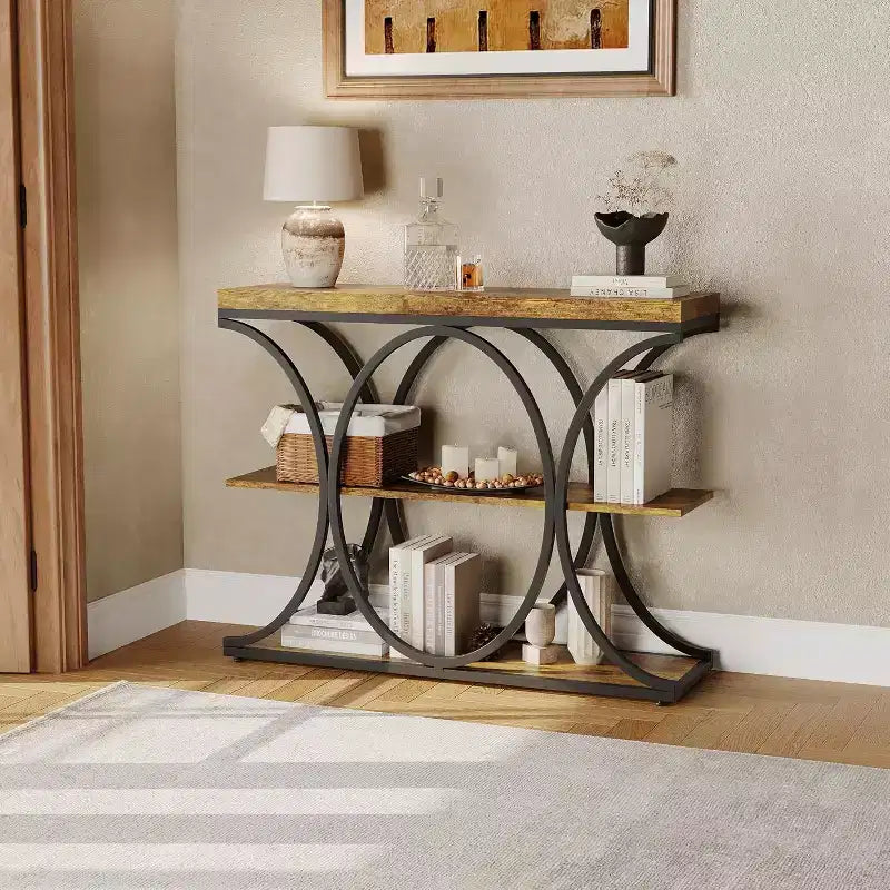 Mesa de Entrada Industrial de 39", Mesa Consola de 3 Niveles Mesa de Sofá con Estructura Metálica de Medio Círculo