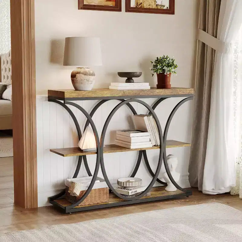 Mesa de Entrada Industrial de 39", Mesa Consola de 3 Niveles Mesa de Sofá con Estructura Metálica de Medio Círculo
