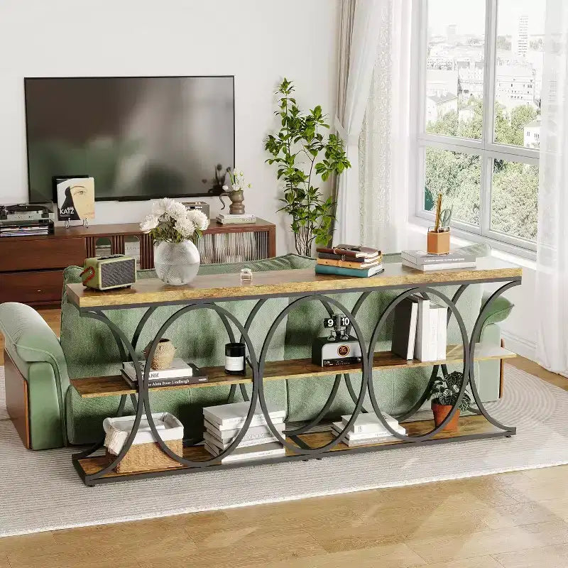 Mesa de Entrada Industrial de 39", Mesa Consola de 3 Niveles Mesa de Sofá con Estructura Metálica de Medio Círculo
