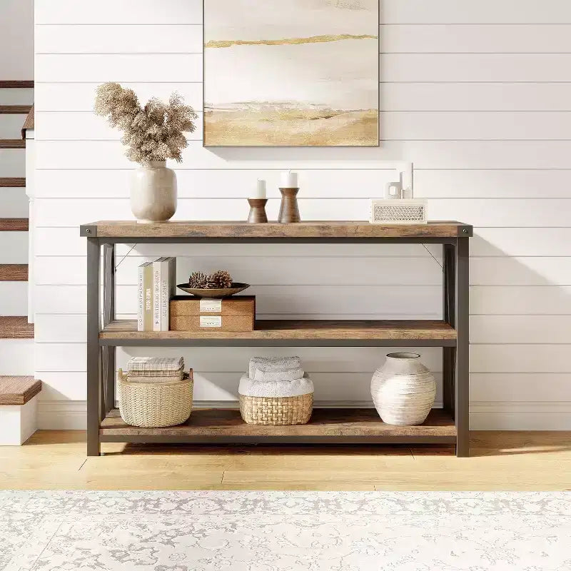 Mesa consola larga, mesa de entrada de madera estriada, mesa de sofá detrás del sofá