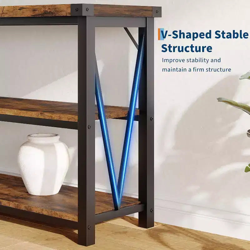 Mesa consola larga, mesa de entrada de madera estriada, mesa de sofá detrás del sofá