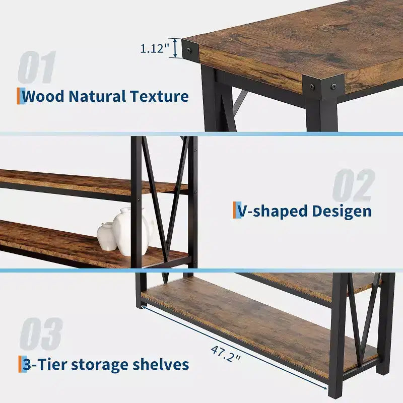 Mesa consola larga, mesa de entrada de madera estriada, mesa de sofá detrás del sofá