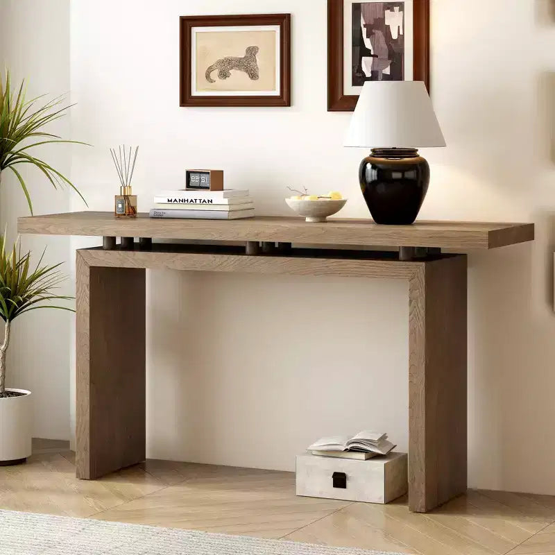 Mesa Consola Minimalista con Chapado de Fresno, Mesa de Entrada Moderna de Madera para Recibidor y Sala de Estar