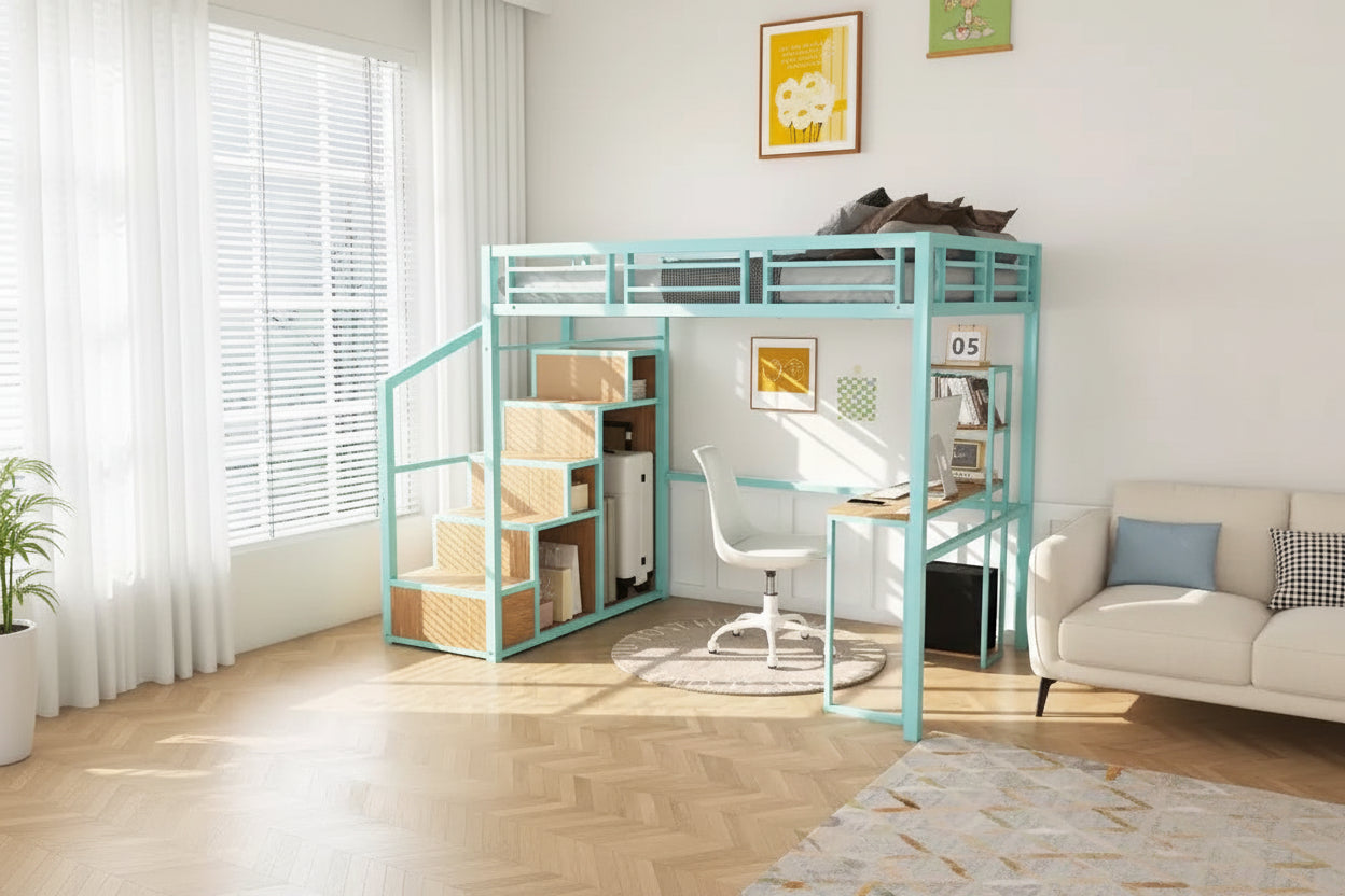 Bellemave Full Loft Bed w/Desk & Storage - Heavy Metal Frame, 4 Cabinets, Staircase & Rack Space-Saver for Kids/Teens Desk (Green)