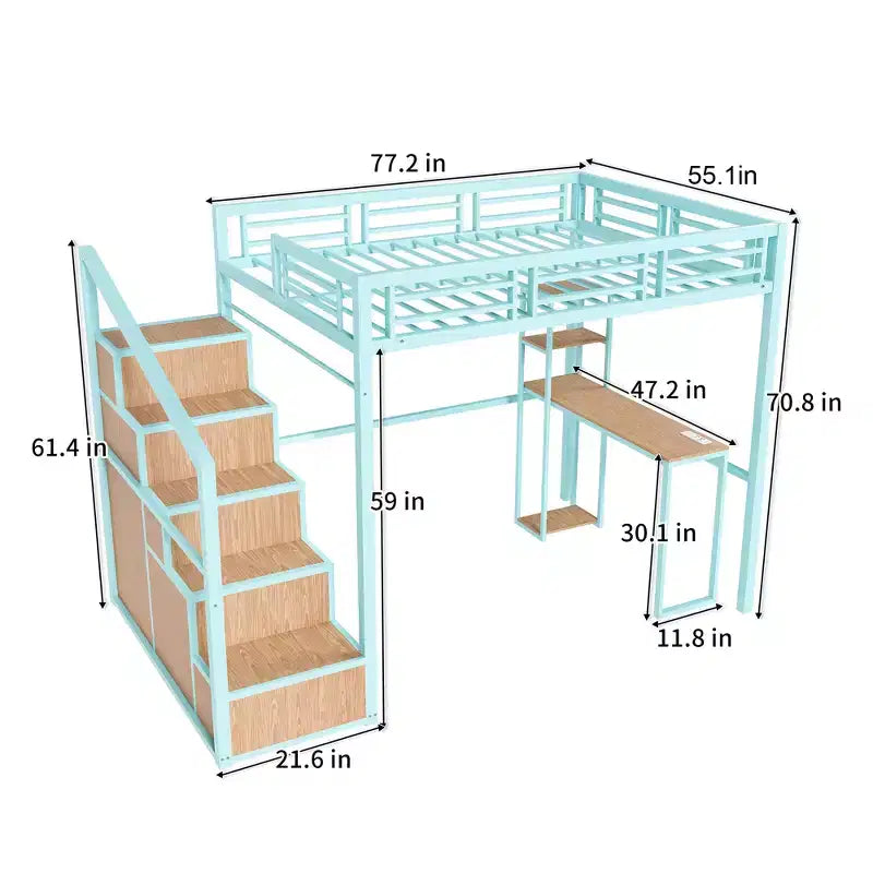 Cama alta doble con escritorio y almacenaje – Estructura metálica, 4 armarios, escalera, verde