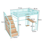 Cama alta doble con escritorio y almacenaje – Estructura metálica, 4 armarios, escalera, verde