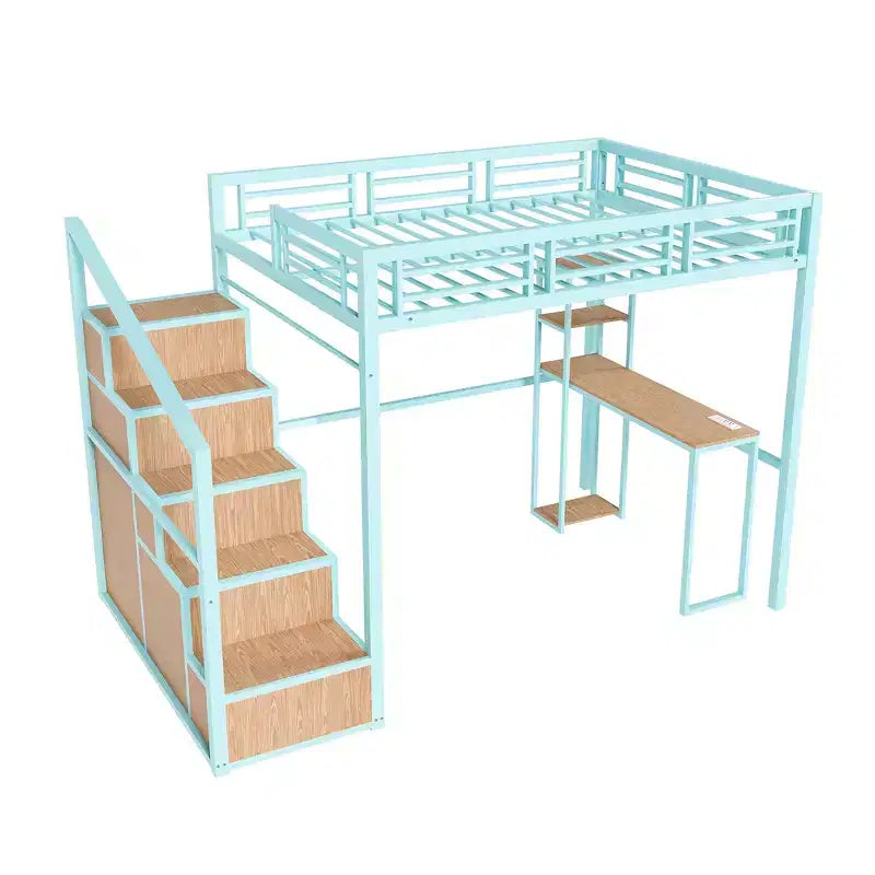 Cama alta doble con escritorio y almacenaje – Estructura metálica, 4 armarios, escalera, verde