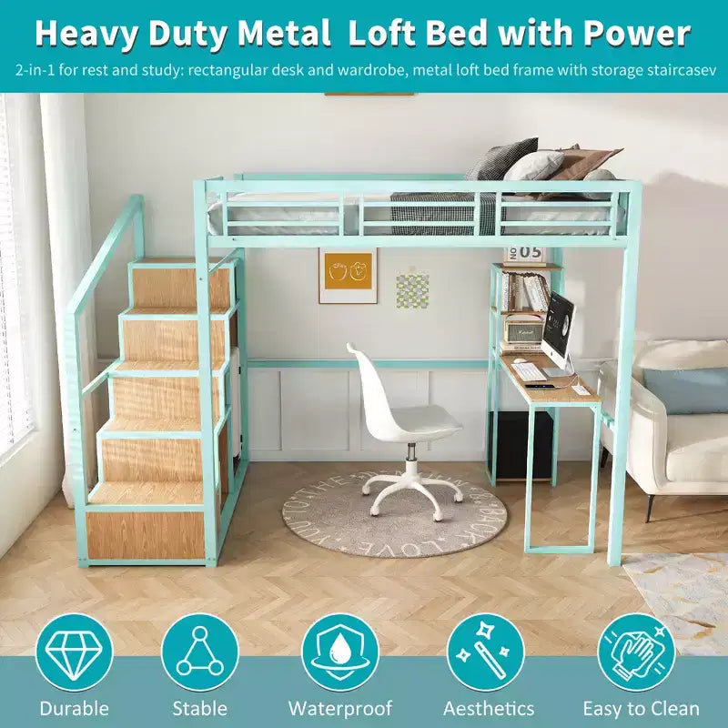 Cama alta doble con escritorio y almacenaje – Estructura metálica, 4 armarios, escalera, verde