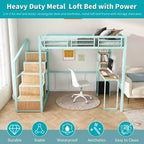 Cama alta doble con escritorio y almacenaje – Estructura metálica, 4 armarios, escalera, verde