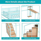Cama alta doble con escritorio y almacenaje – Estructura metálica, 4 armarios, escalera, verde