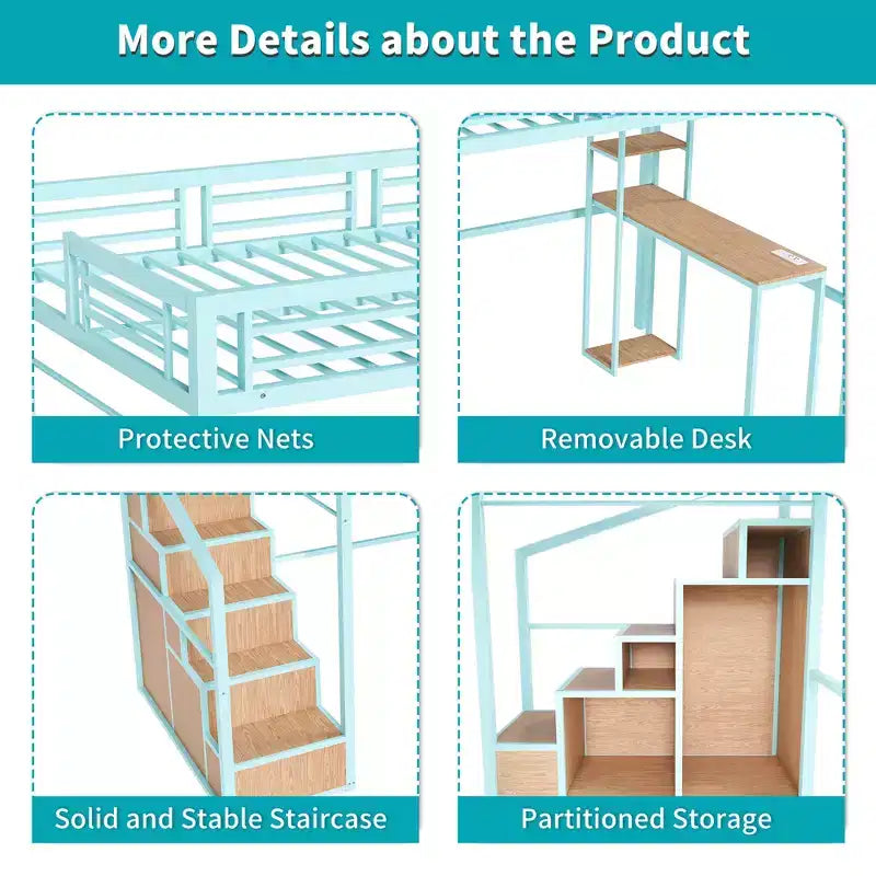 Cama alta doble con escritorio y almacenaje – Estructura metálica, 4 armarios, escalera, verde