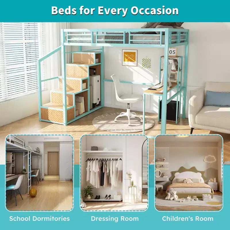 Cama alta doble con escritorio y almacenaje – Estructura metálica, 4 armarios, escalera, verde