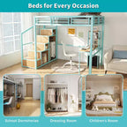 Cama alta doble con escritorio y almacenaje – Estructura metálica, 4 armarios, escalera, verde