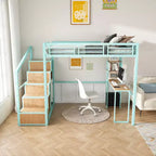 Cama alta doble con escritorio y almacenaje – Estructura metálica, 4 armarios, escalera, verde