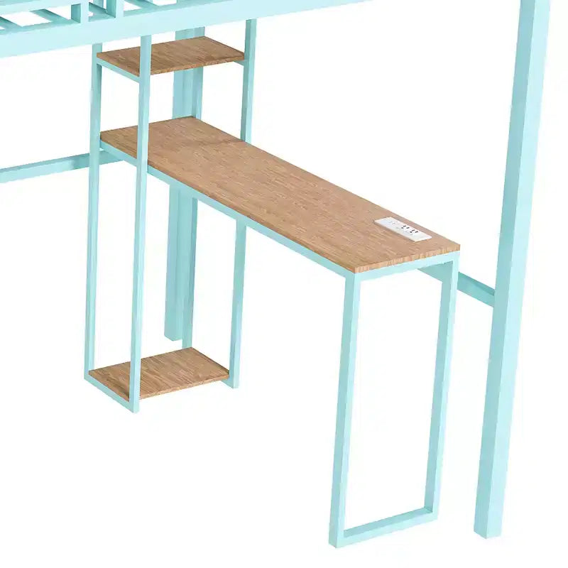 Cama alta doble con escritorio y almacenaje – Estructura metálica, 4 armarios, escalera, verde