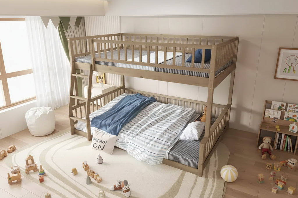 Bellemave Full XL over Queen Bunk Bed with Ladder and Guardrails, brown