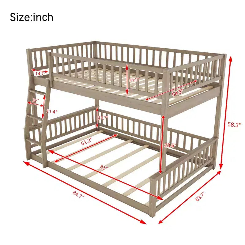 Litera Full XL sobre Queen con escalera y barandales – Estructura de madera marrón
