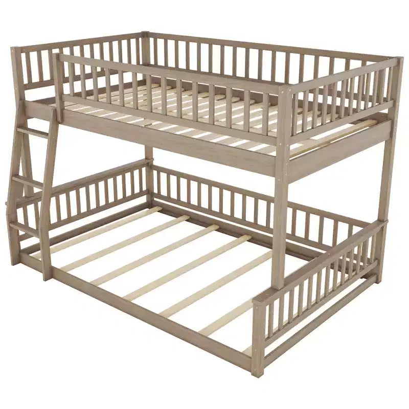Litera Full XL sobre Queen con escalera y barandales – Estructura de madera marrón